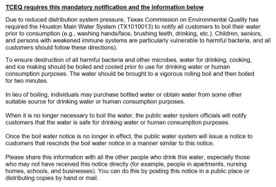 Boil Water Notice Issued - Spring Branch Management District